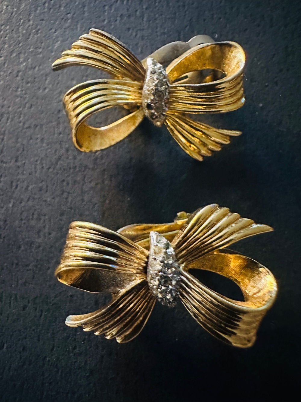 Joseph Mazar Earrings Gold Tone Rhinestone Bow Clip-On with Crystal Accents